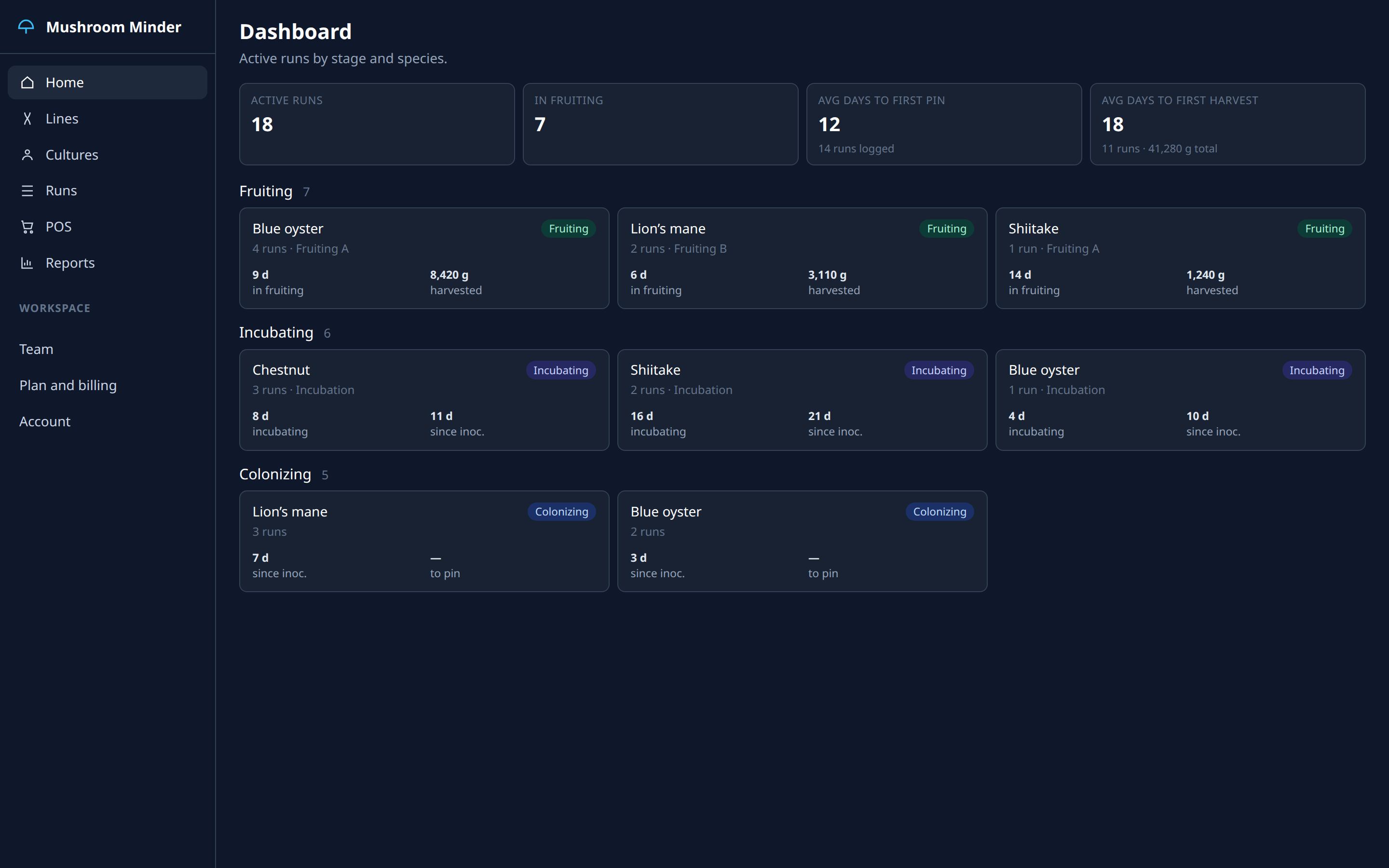 Mushroom Minder dashboard showing active runs by stage and species.