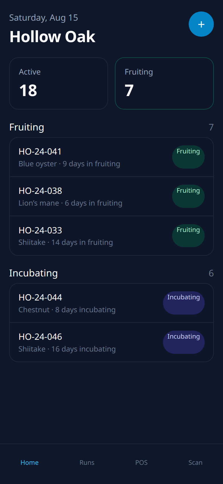 Phone home screen listing fruiting and incubating runs by code and species.