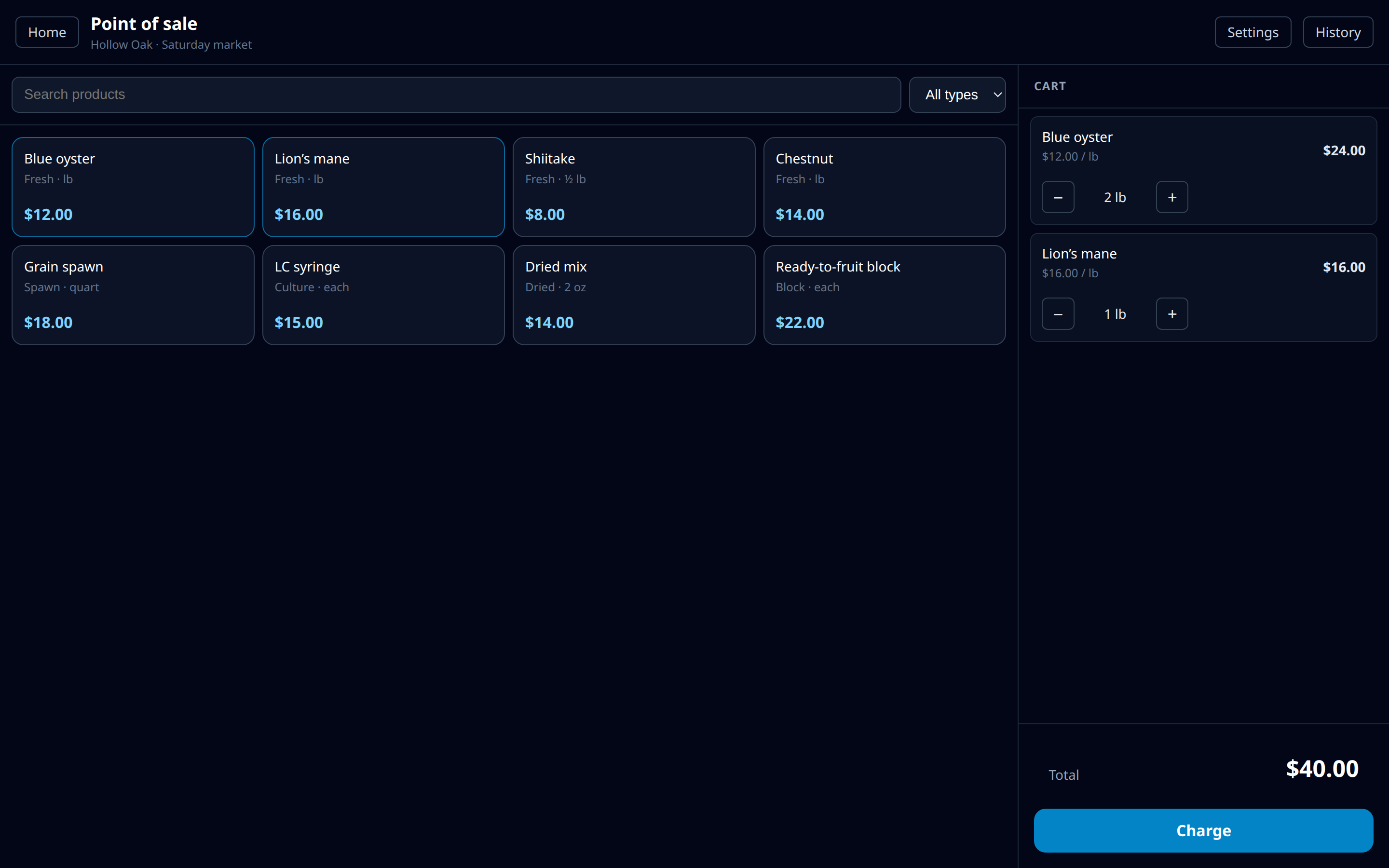 Point of sale with a product catalog, cart, and charge total.